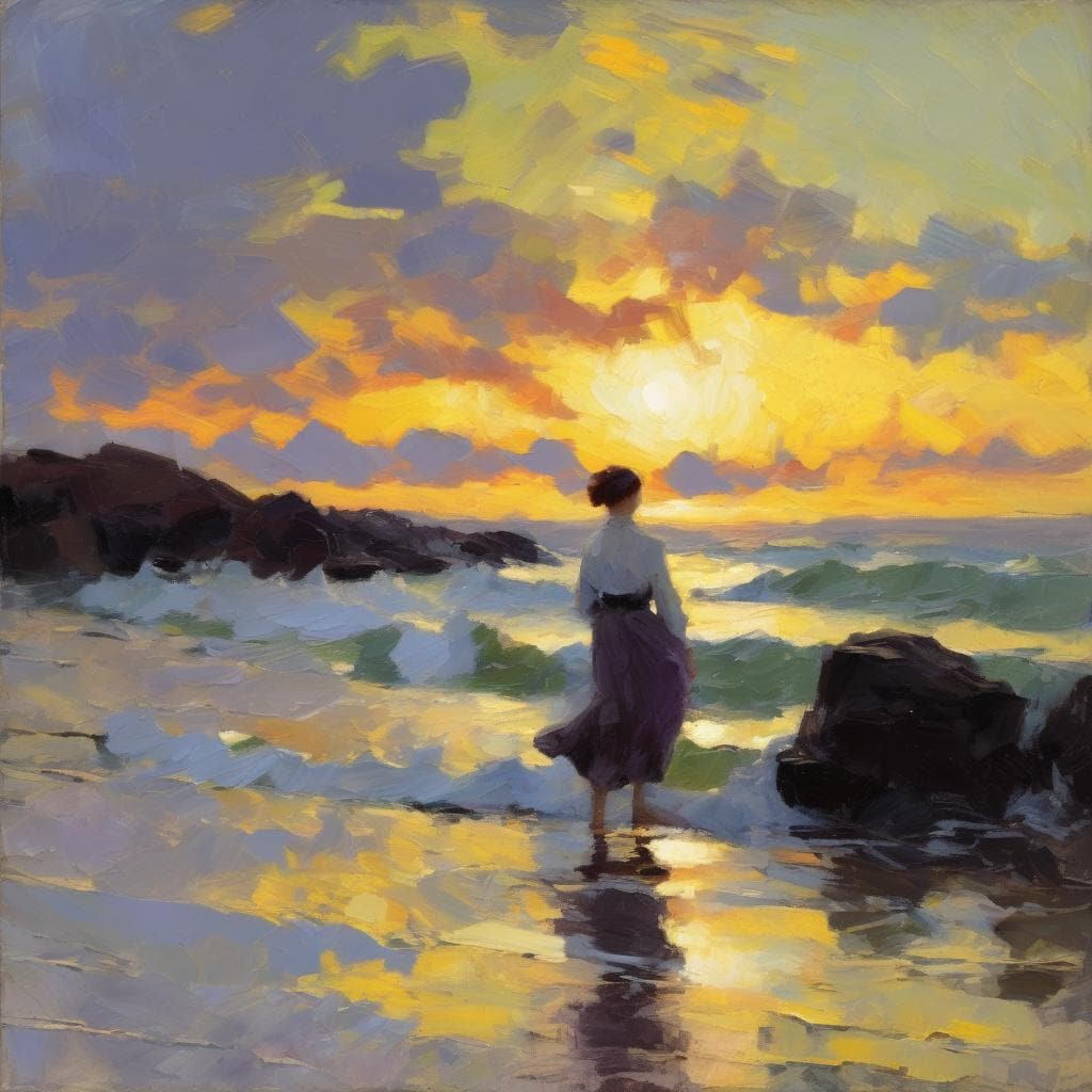 Ονειρική θαλασσογραφία με μια γυναίκα σε ηλιοβασίλεμα, εμπνευσμένη από τους Ρομαντικούς ζωγράφους και τα οράματά τους, με έντονα χρώματα και εκφραστική ατμόσφαιρα.