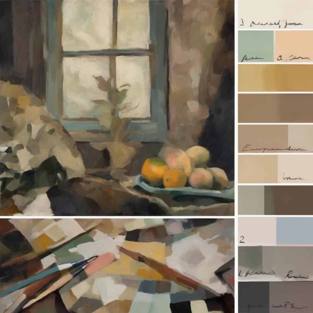 Ελαιογραφία από το έργο "Οι Ρομαντικοί Ζωγράφοι και τα Οράματά τους", με θέμα έναν παραδοσιακό εσωτερικό χώρο με καρπούζια και ρόδια σε φωτεινά χρώματα και ρομαντική ατμόσφαιρα.