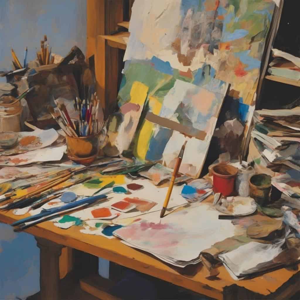 Αντικείμενο ζωγραφικής σε καμβά, με πινέλα και χρώματα λαδιού, στο εργαστήριο των ρομαντικών ζωγράφων.