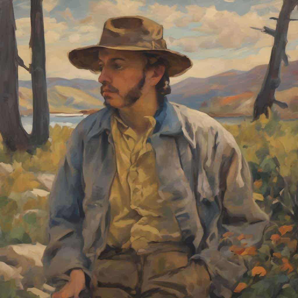 Ρομαντικοί ζωγράφοι και τα όνειρά τους, πορτρέτο ενός άνδρα με καπέλο σε φυσικό τοπίο, ζωγραφική αναπαράσταση, σύγχρονη τέχνη, τοπιογραφία, καλλιτεχνική δημιουργία, ιδιαίτερα χρώματα, ιστορική αναφορά, τέχνη και όραμα, εντυπωσιακό σκηνικό φυσικής ομορφιάς, ρομαντική τέχνη, περιβαλλοντική έμπνευση.