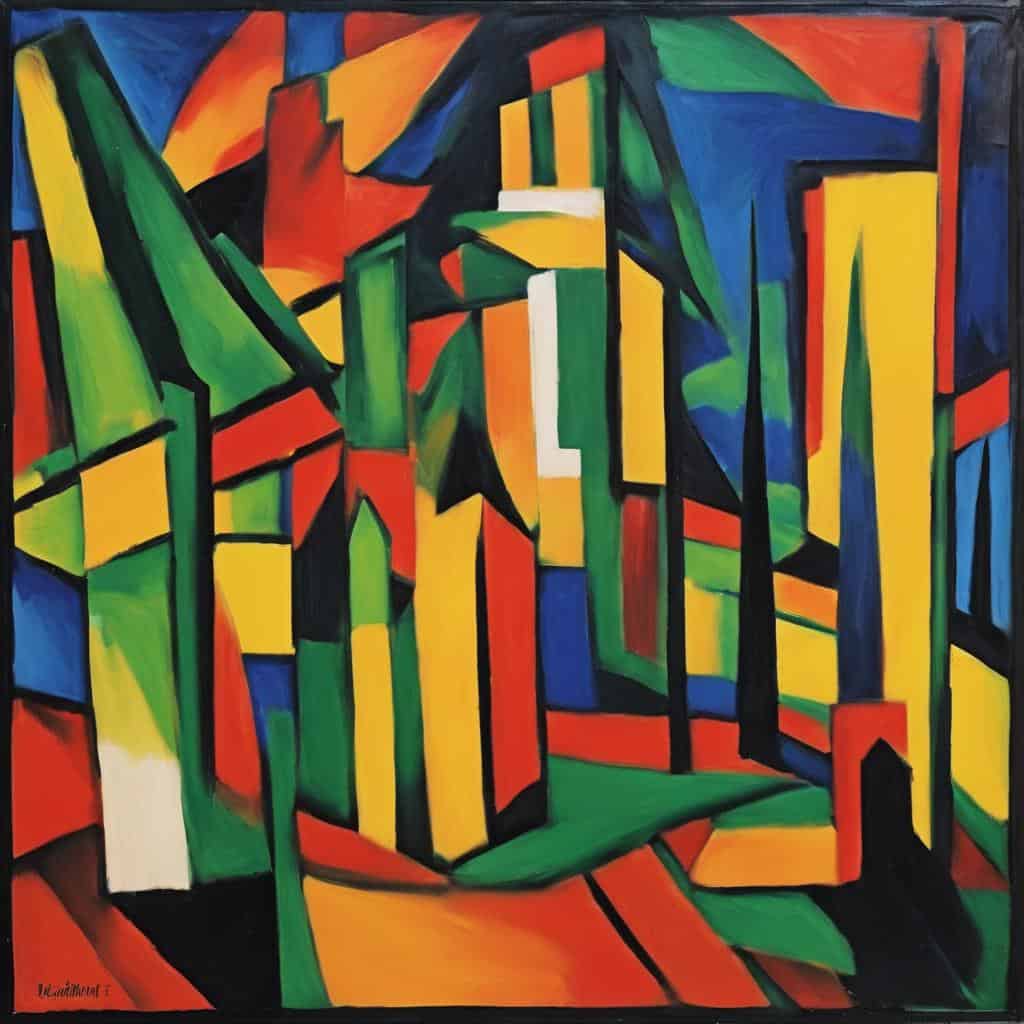 Χρωματική αφηρημένη τέχνη με έντονα χρώματα και γεωμετρικά σχήματα, εμπνευσμένη από τους Ρομαντικούς Ζωγράφους και τα όραμά τους, εκφράζοντας συναισθήματα και ιδέες μέσω της τέχνης.