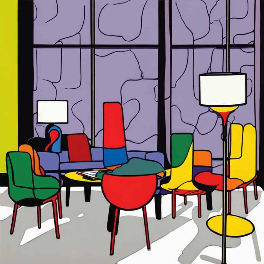 Λευκός και πολύχρωμος εσωτερικός χώρος με μοντέρνα έπιπλα, πολυθρόνες και φωτιστικά, εμπνευσμένος από ρομαντικούς ζωγράφους και οράματά τους, αφιερωμένος στη τέχνη και το στυλ ζωγραφικής.